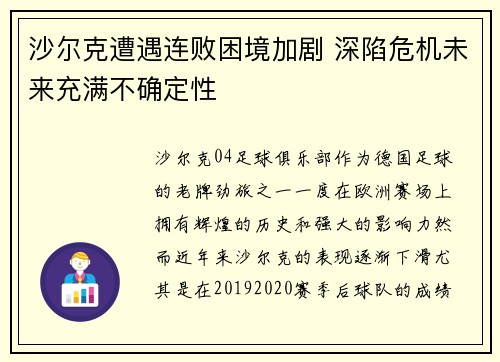 沙尔克遭遇连败困境加剧 深陷危机未来充满不确定性